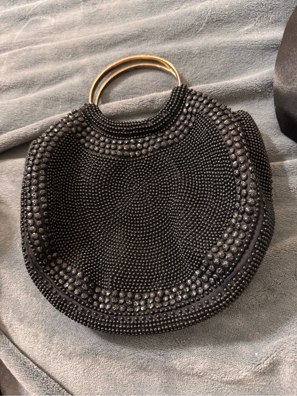 Elegant Black Beaded Handbag with Gold Handles, made in Hong Kong